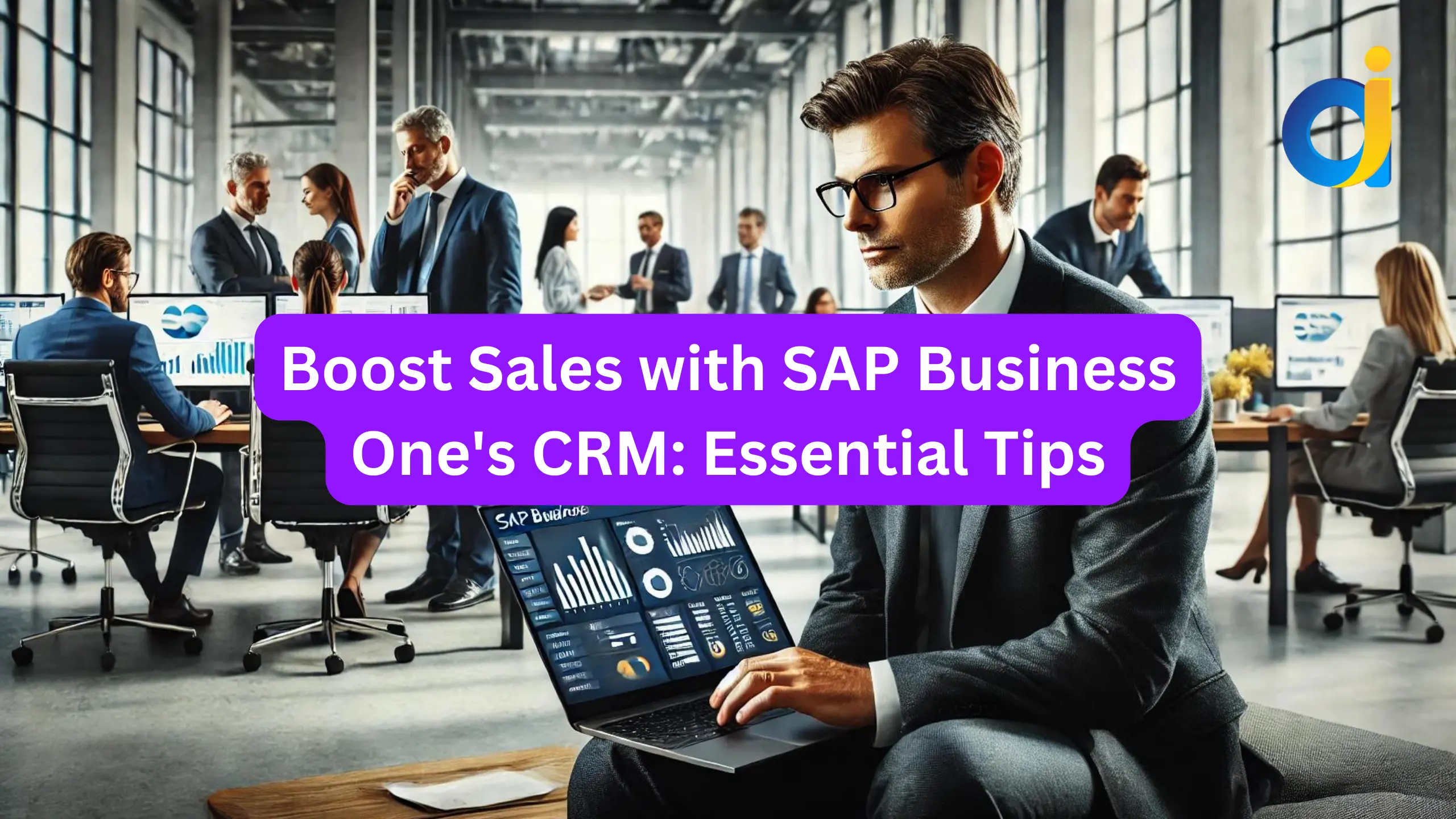 A businessman using SAP Business Ones CRM Module in a busy office