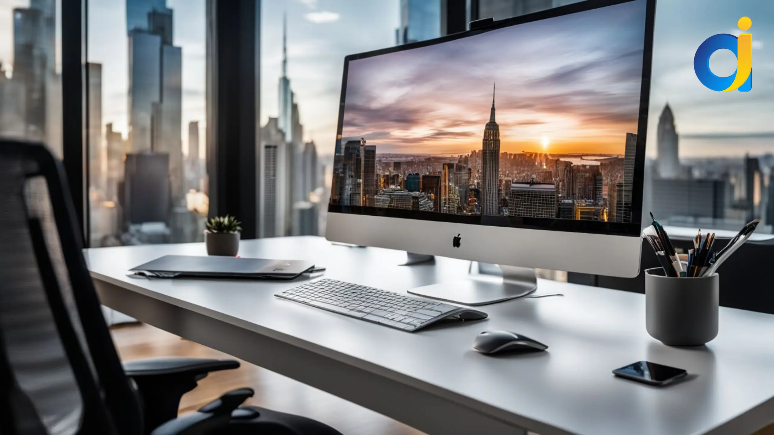 A modern office desk with a computer displaying SAP Business One