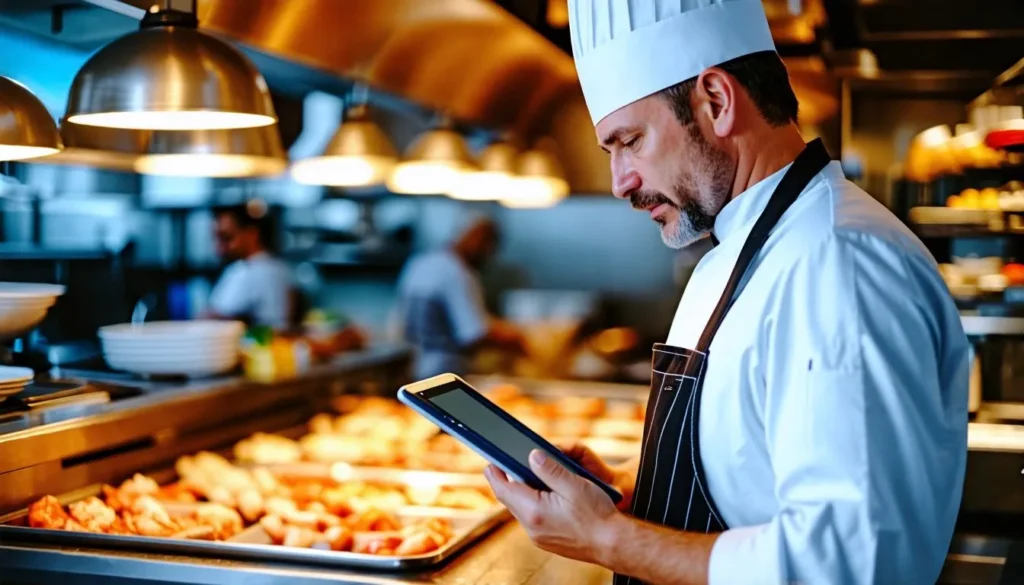 A chef in his 40s using SAP Business One software in a restaurant kitchen.