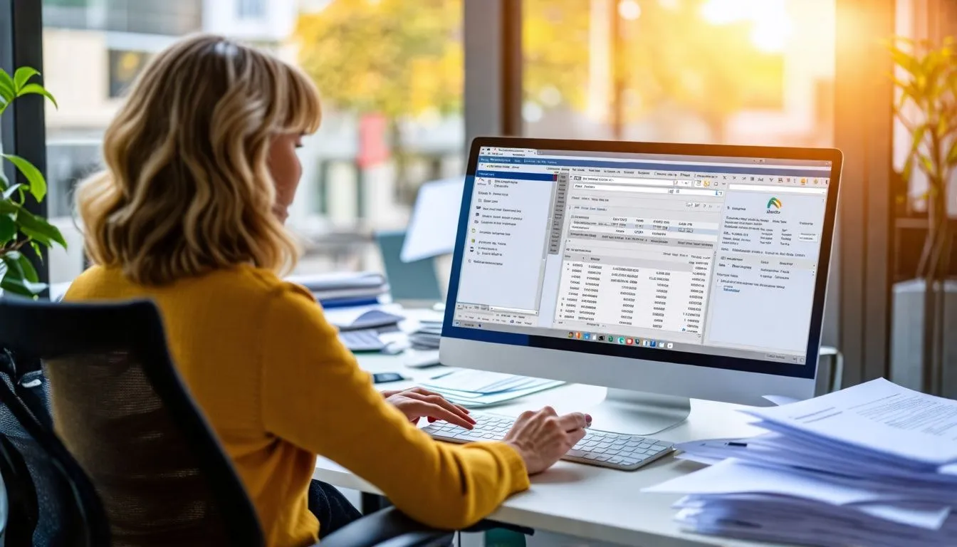 A woman using SAP Business One in her cluttered office.