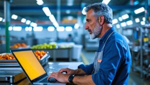 A food safety manager is checking for quality on his laptop using SAP Business One Software.