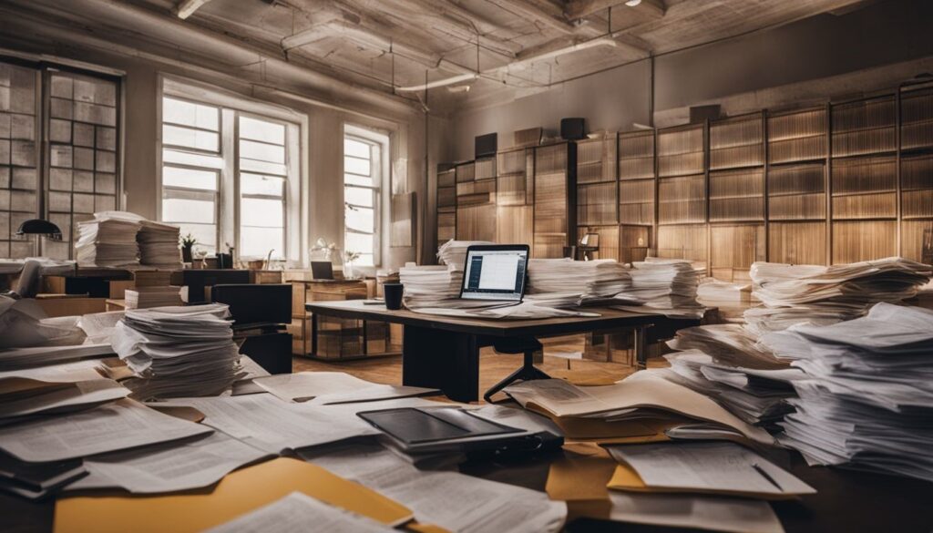 A cluttered desk with papers and a laptop where SAP S/4 HANA and SAP Business One Software are used